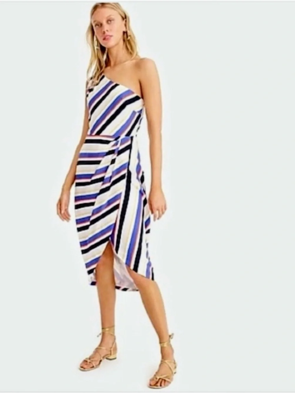 J Crew Sz 6 One-Shoulder Striped Midi Dress in White and Navy Blue